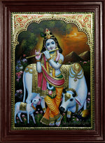 Krishna with Flute and Cow Tanjore Painting