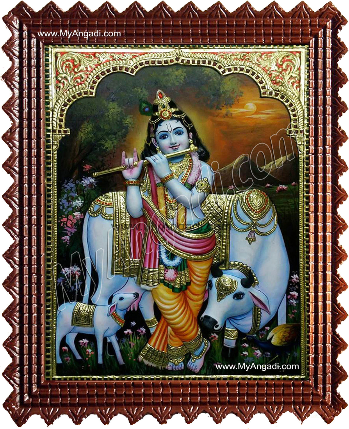 Krishna with Flute and Cow Tanjore Painting