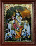 Krishna with Flute and Cow Tanjore Painting