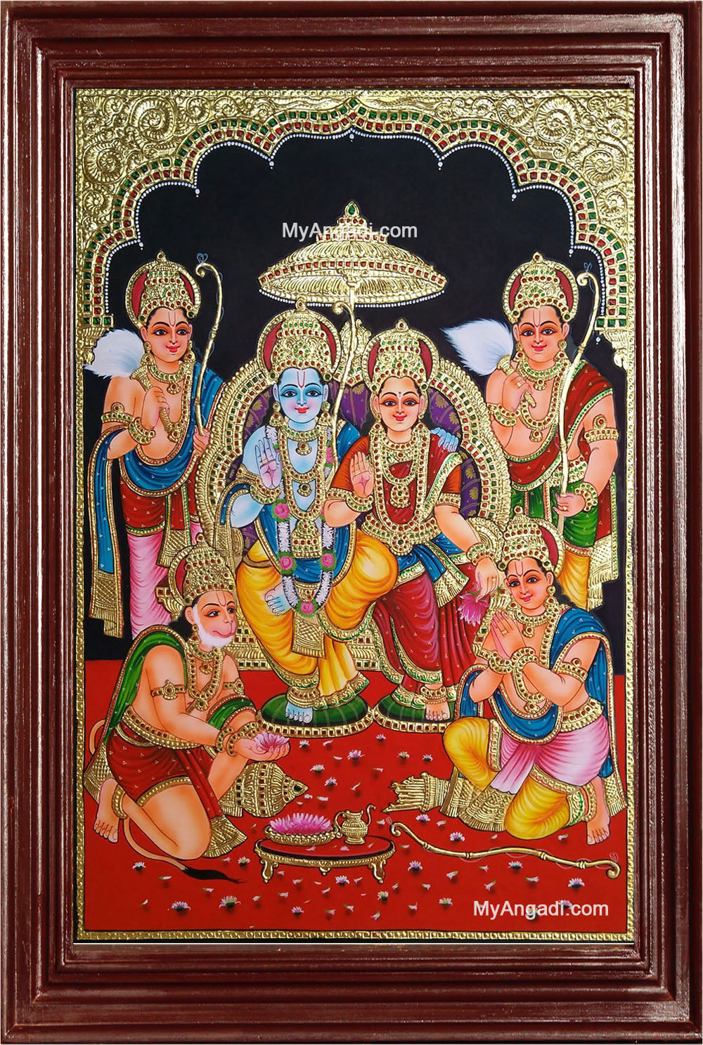Ram Darbar - Ram with Sita, Hanuman, Lakshmanan Bharathan and Shatrughna Tanjore Painting