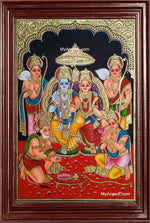 Ram Darbar - Ram with Sita, Hanuman, Lakshmanan Bharathan and Shatrughna Tanjore Painting