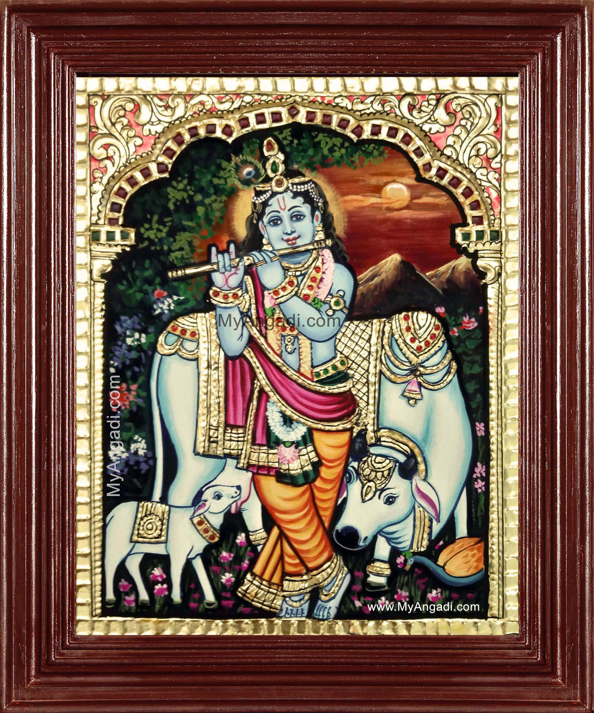 Cow Krishna With Flute Tanjore Painting