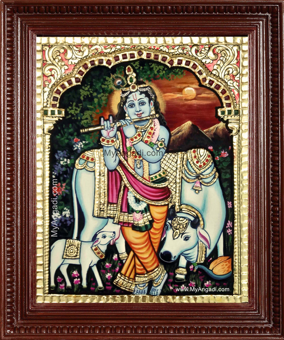 Cow Krishna With Flute Tanjore Painting