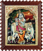 Cow Krishna With Flute Tanjore Painting