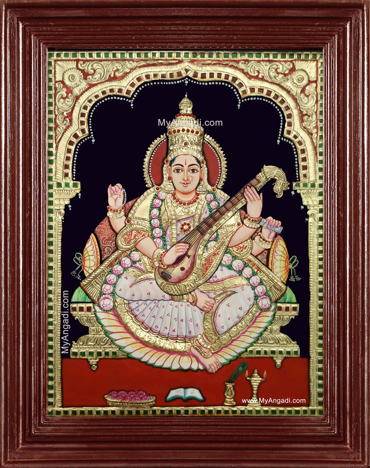 Saraswathi Devi Semi Embossed Tanjore Painting