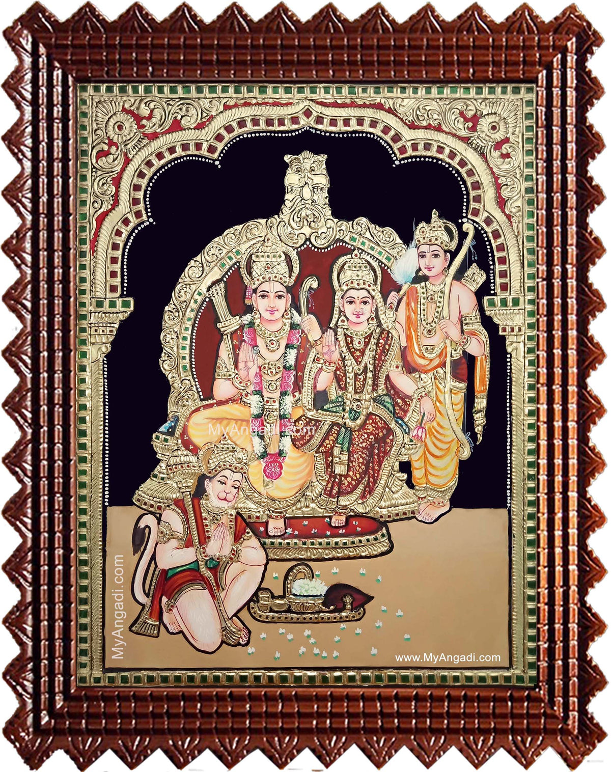Shri Ramar Sita Devi Lakshmanan Hanuman Semi Embossed Tanjore Painting