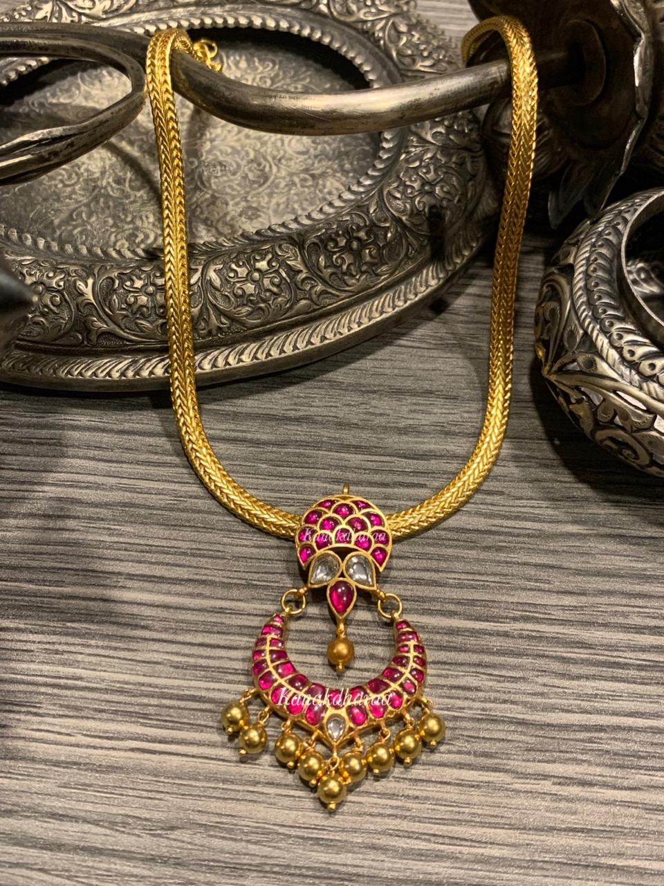 Kanakdharaa - Pure Silver Ruby Kemp Stone Necklace Dropping Pendants Gold Polish