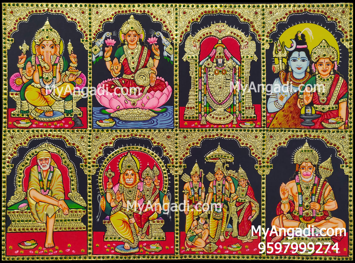 Ganesha, Balaji, Lakshmi, Shivan Parvathi, Saibaba, Lakshmi Narasimmar, Ram Sita, Hanuman - 8 Panel Tanjore Painting