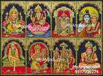 Ganesha, Balaji, Lakshmi, Shivan Parvathi, Saibaba, Lakshmi Narasimmar, Ram Sita, Hanuman - 8 Panel Tanjore Painting