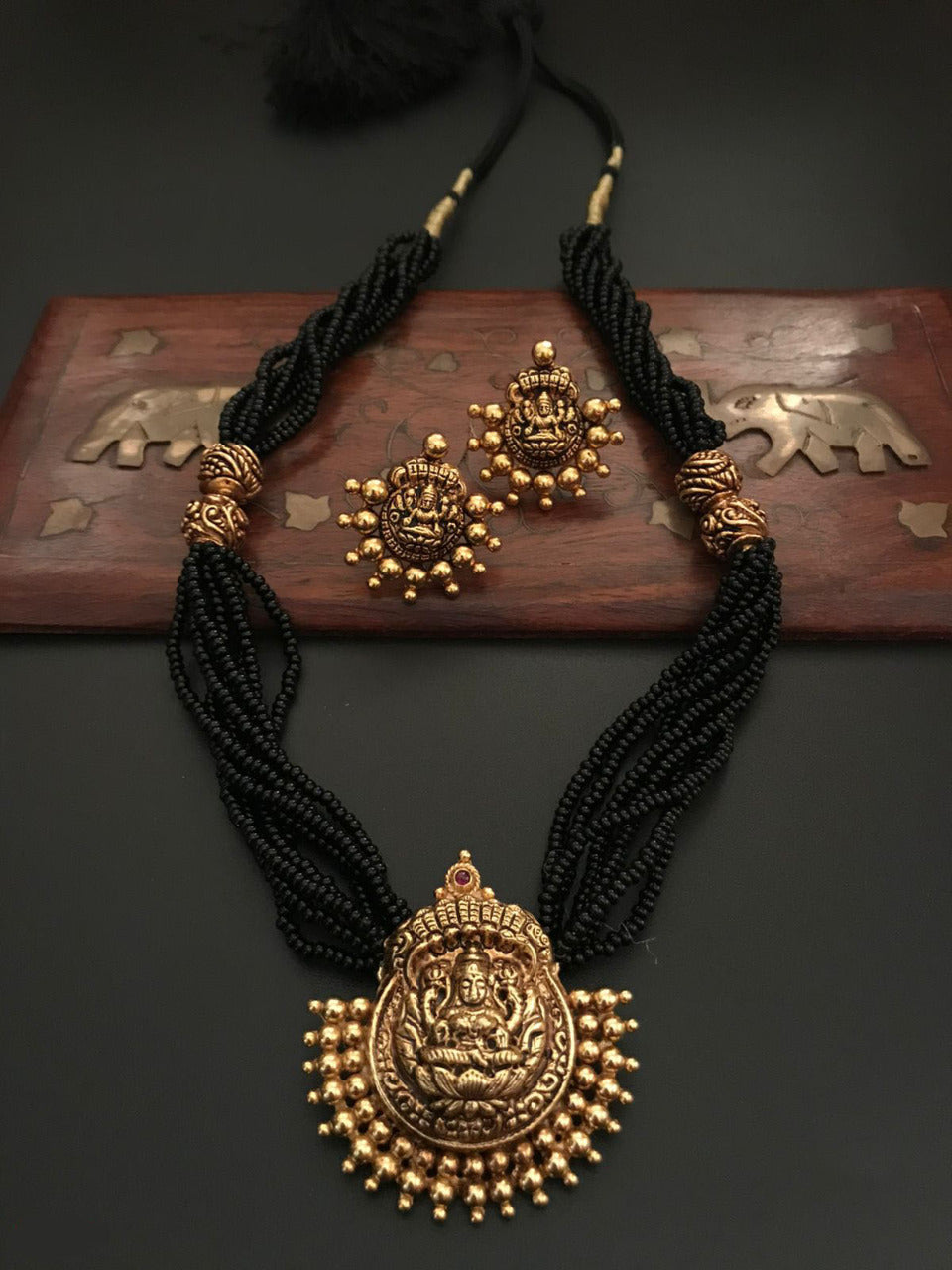 Kanakdharaa - Black Beads With Pure Silver Pendant with Golden Finish
