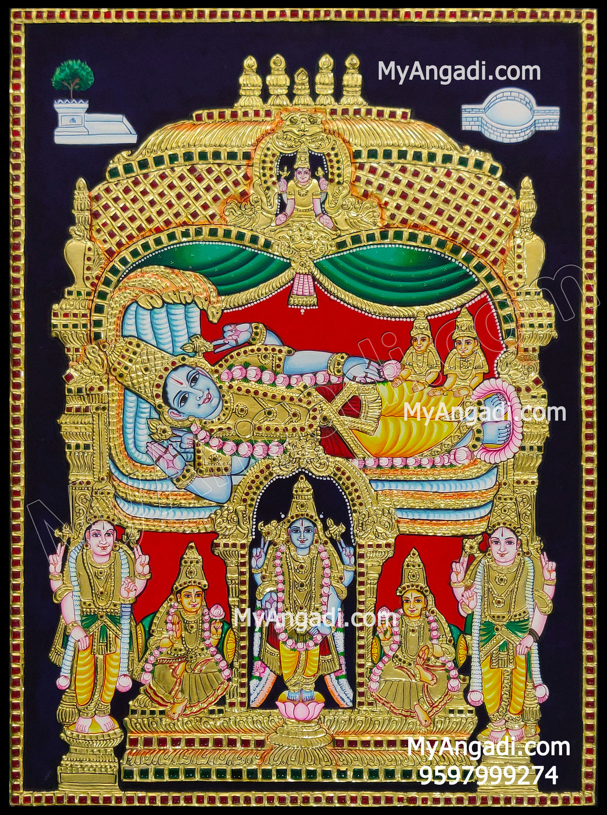 Ranganathar with Sri Devi and Bhu Devi Tanjore Painting