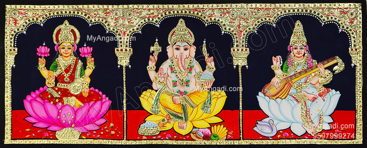 3 Panel LakshmiGanesha SaraswathiTanjore Painting