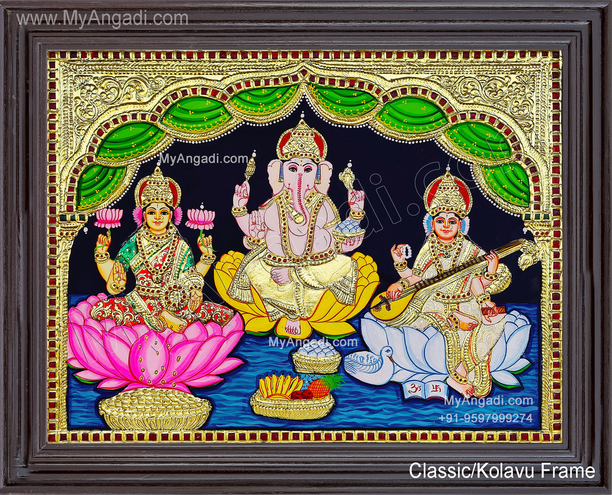 3 Panel LakshmiGanesha SaraswathiTanjore Painting