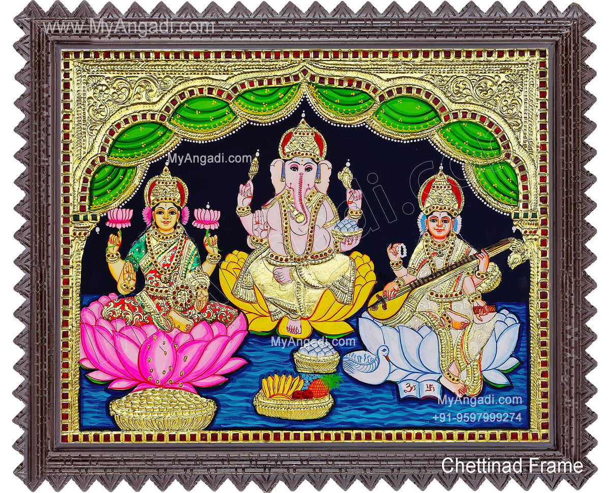 3 Panel LakshmiGanesha SaraswathiTanjore Painting