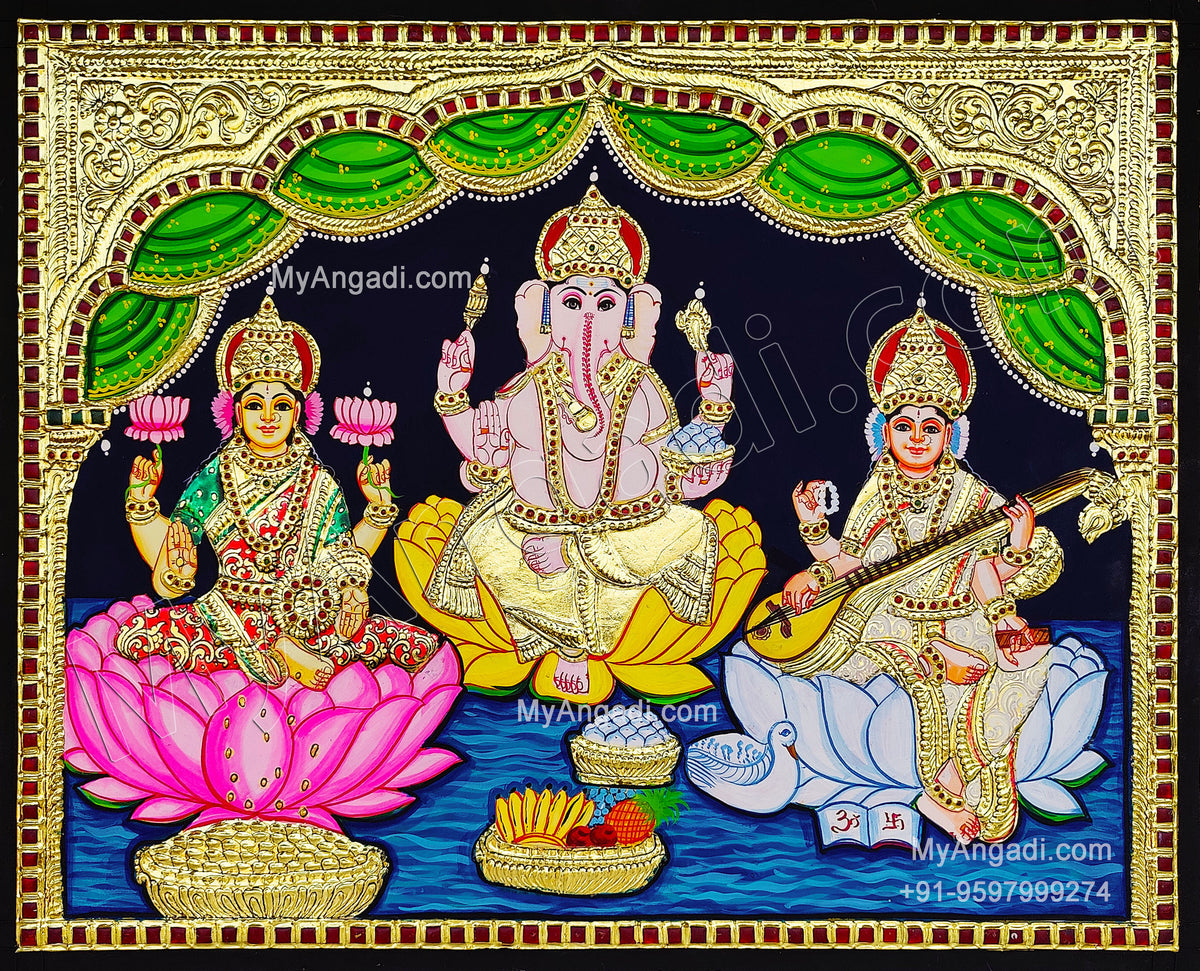 3 Panel LakshmiGanesha SaraswathiTanjore Painting