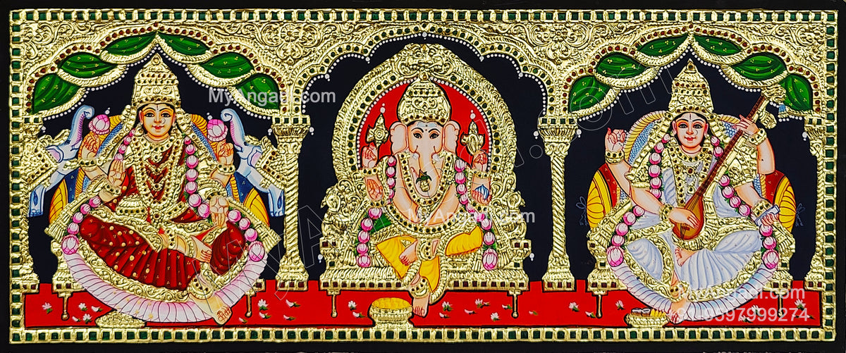 3 Panel LakshmiGanesha SaraswathiTanjore Painting