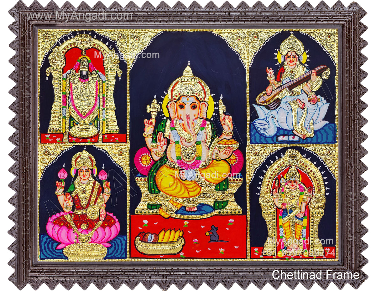 5 God Balaji Lakshmi Murugan Ganesha Saraswathi Tanjore Painting