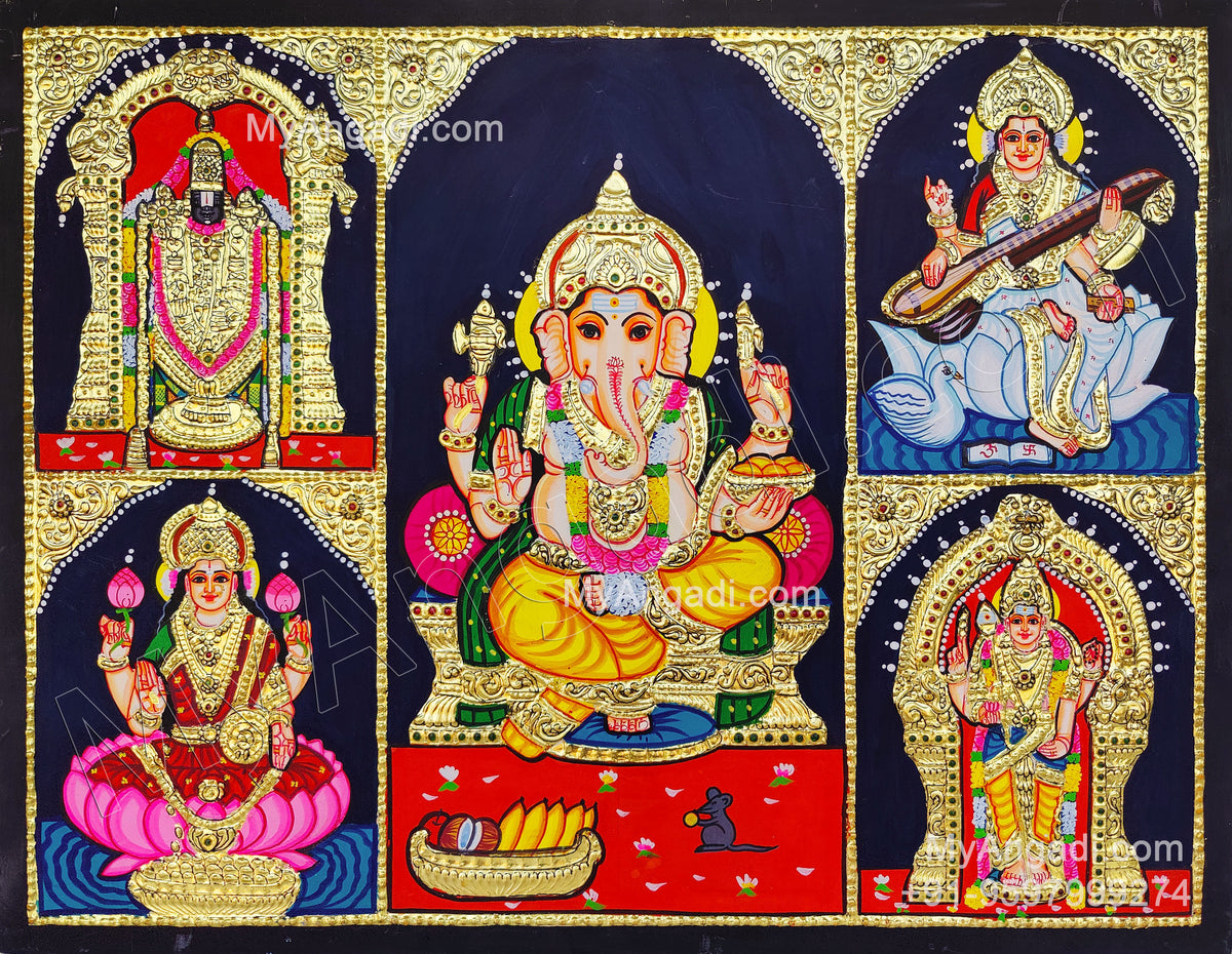 5 God Balaji Lakshmi Murugan Ganesha Saraswathi Tanjore Painting
