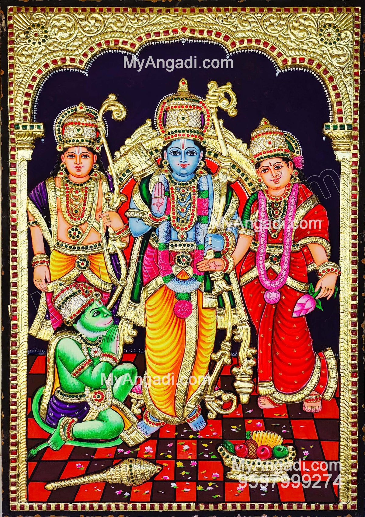 3d Ram Darbar - Ram with Sita, Hanuman, Lakshmanan Tanjore Painting