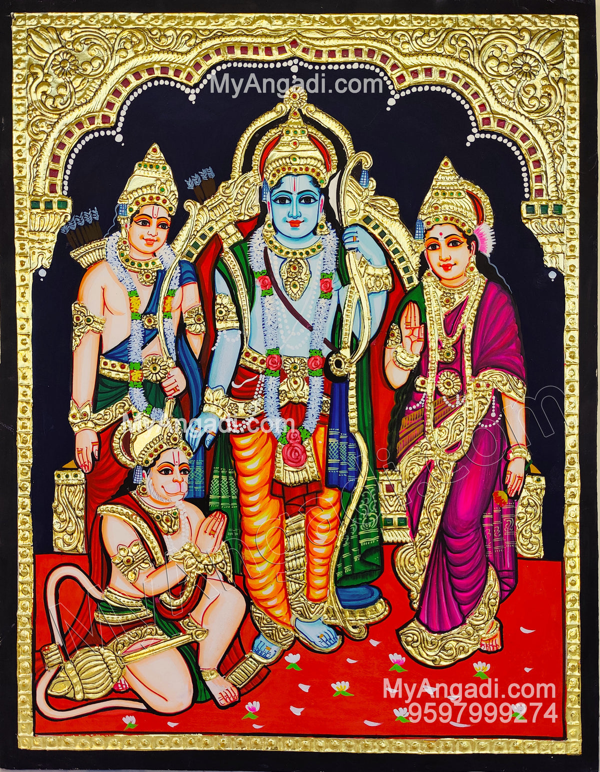 Ram Darbar - Ram with Sita, Hanuman, Lakshmanan Bharathan and Shatrughna Tanjore Painting