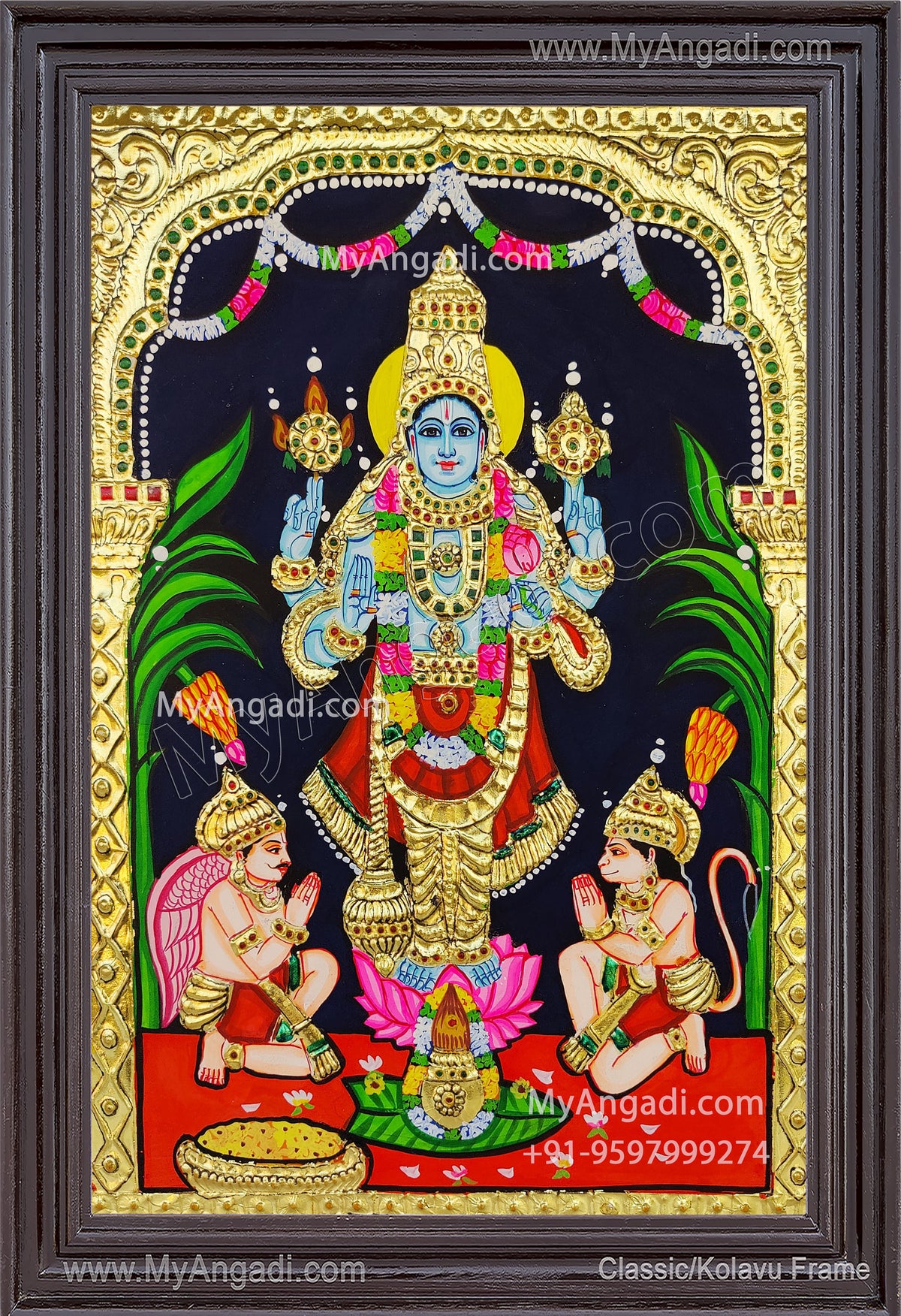 Perumal with Hanuman and Garudan Tanjore Painting