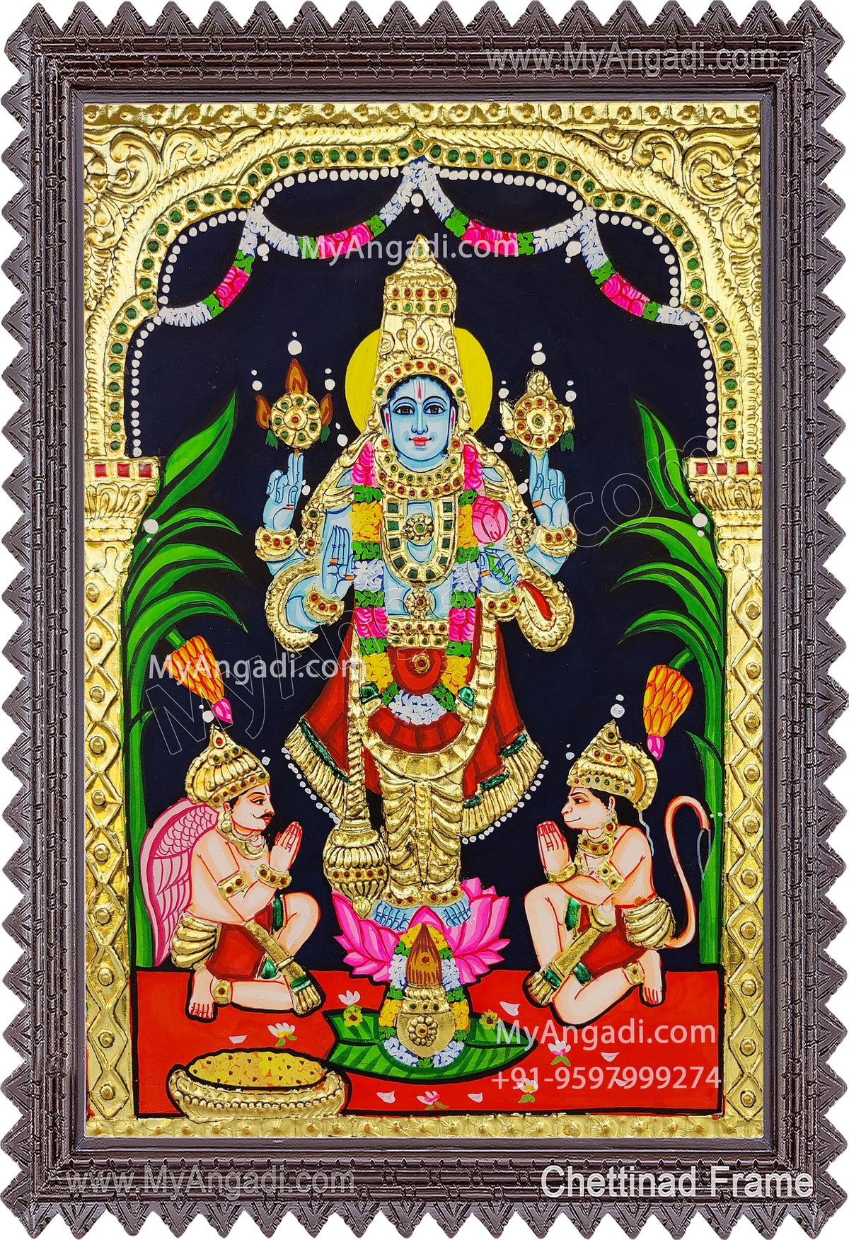 Perumal with Hanuman and Garudan Tanjore Painting