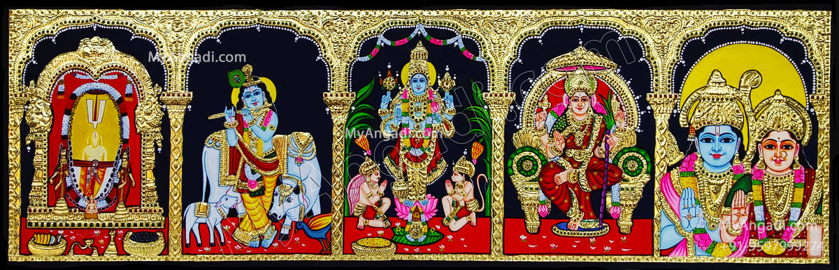Simahadri appanna, Krishnar, Perumal with Garudan and Hanuman, Lalitha Devi, Ram Sita5 Panel Tanjore Painting
