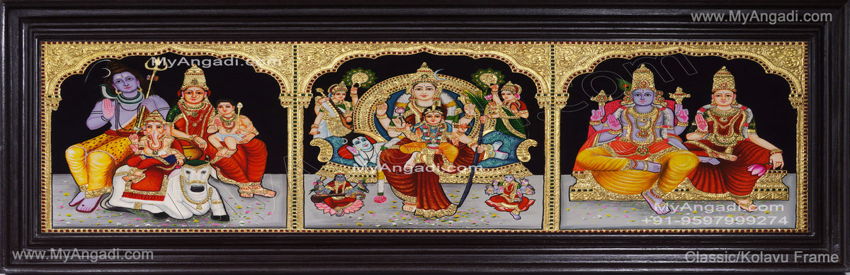 3 Panel Sivan Family, Raja Rajeshwari, Vishnu Lakshmi Tanjore Painting