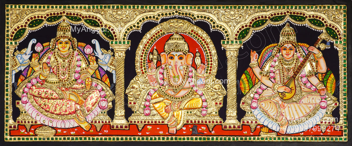3 Panel Ganesha Lakshmi Saraswathi Tanjore Painting