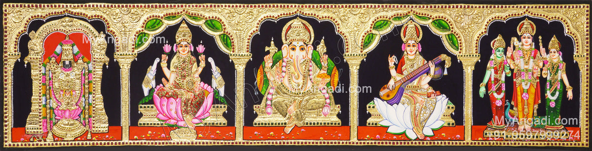 5 Panel Balaji Lakshmi Murugan Ganesha Saraswathi Tanjore Painting
