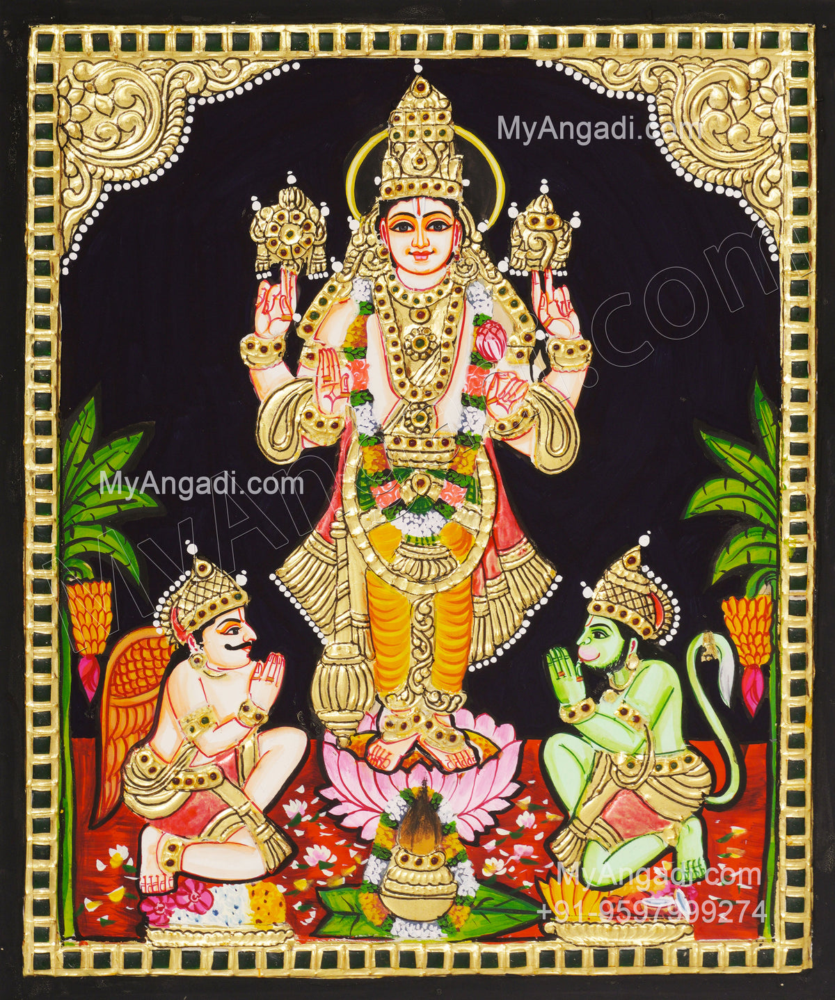 Vishnu With Garudan Hanuman Tanjore Painting