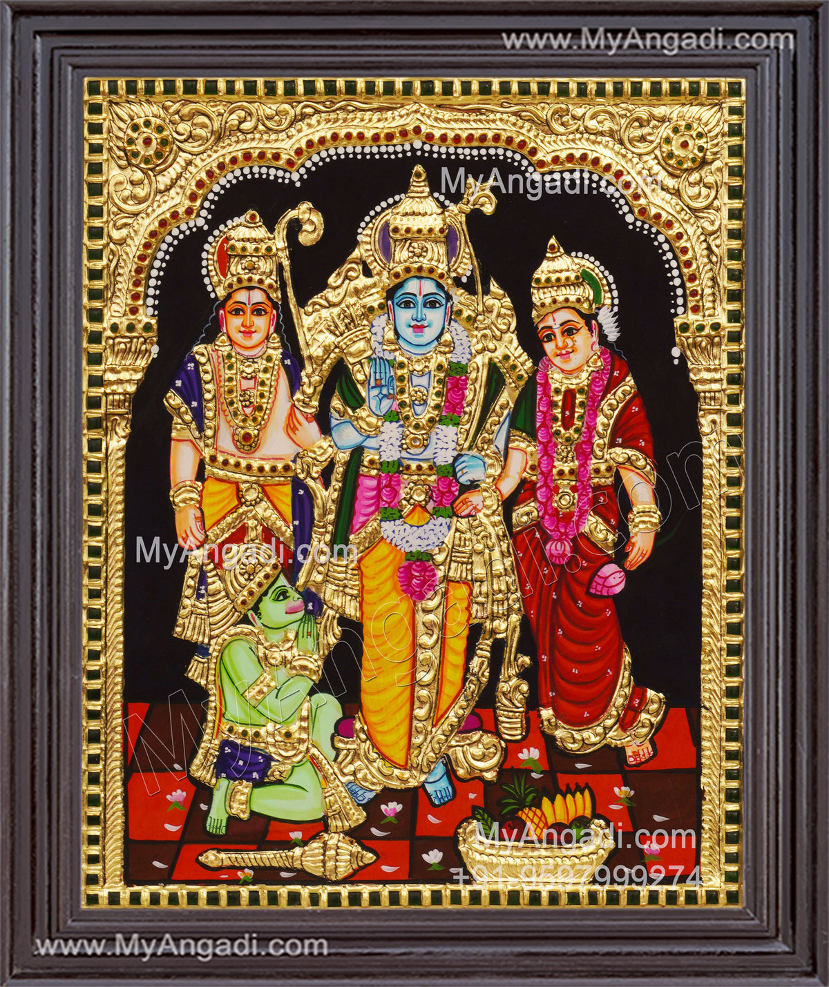 Ram Darbar - Ram with Sita, Hanuman, Lakshmanan Bharathan and Shatrughna Tanjore Painting