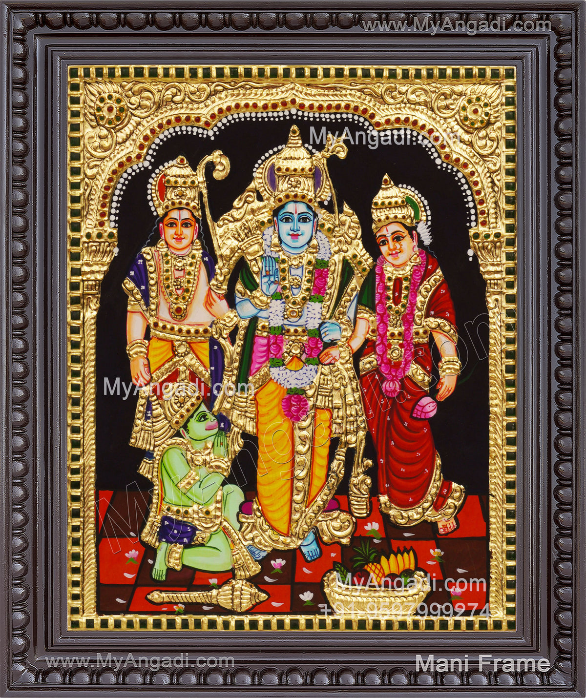 Ram Darbar - Ram with Sita, Hanuman, Lakshmanan Bharathan and Shatrughna Tanjore Painting