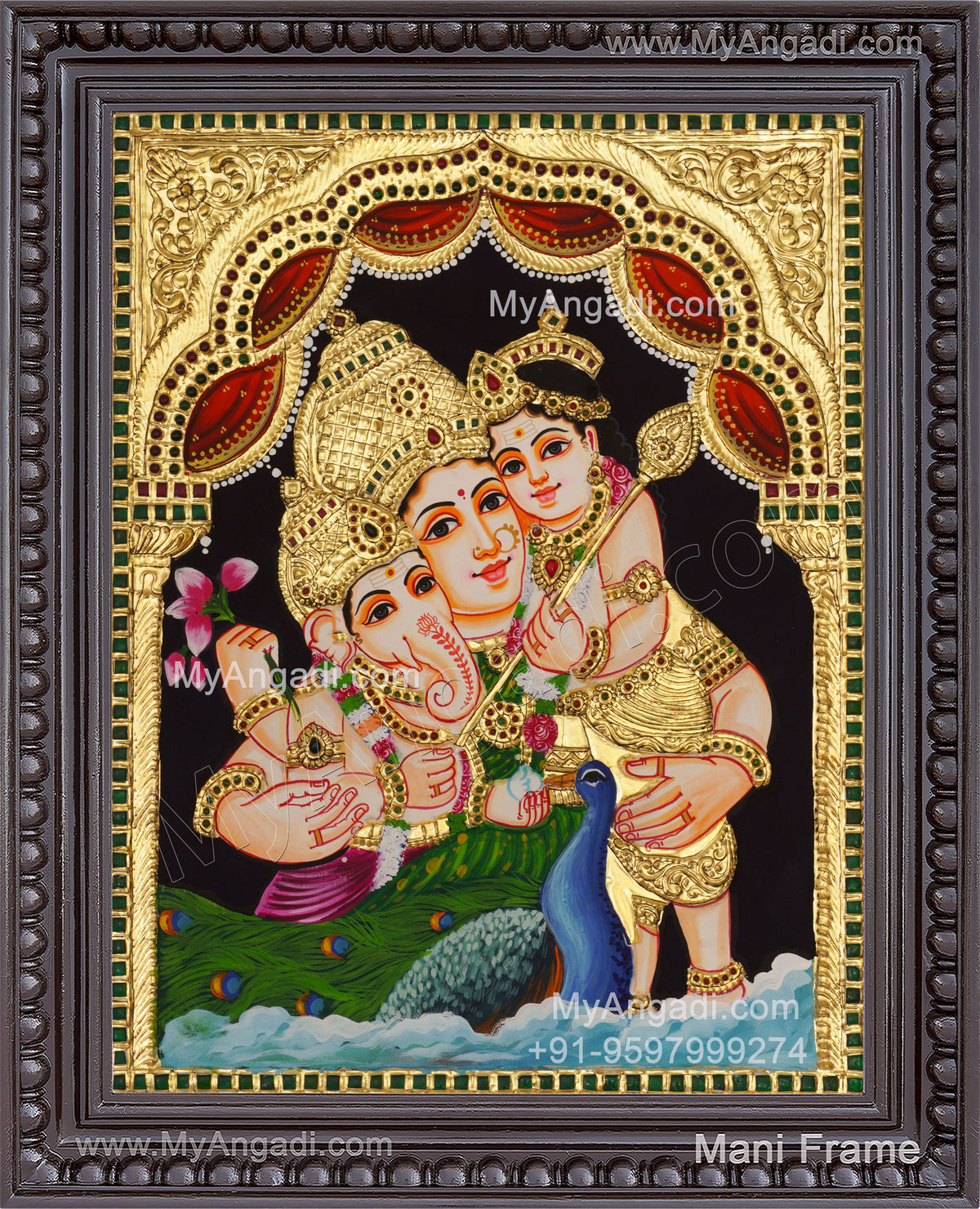 Parvathi Ganesha Murugan Tanjore Painting
