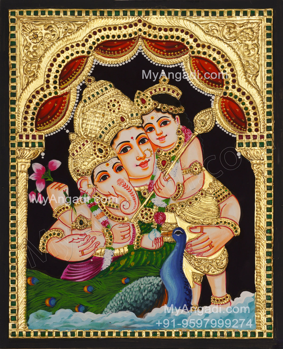 Parvathi Ganesha Murugan Tanjore Painting