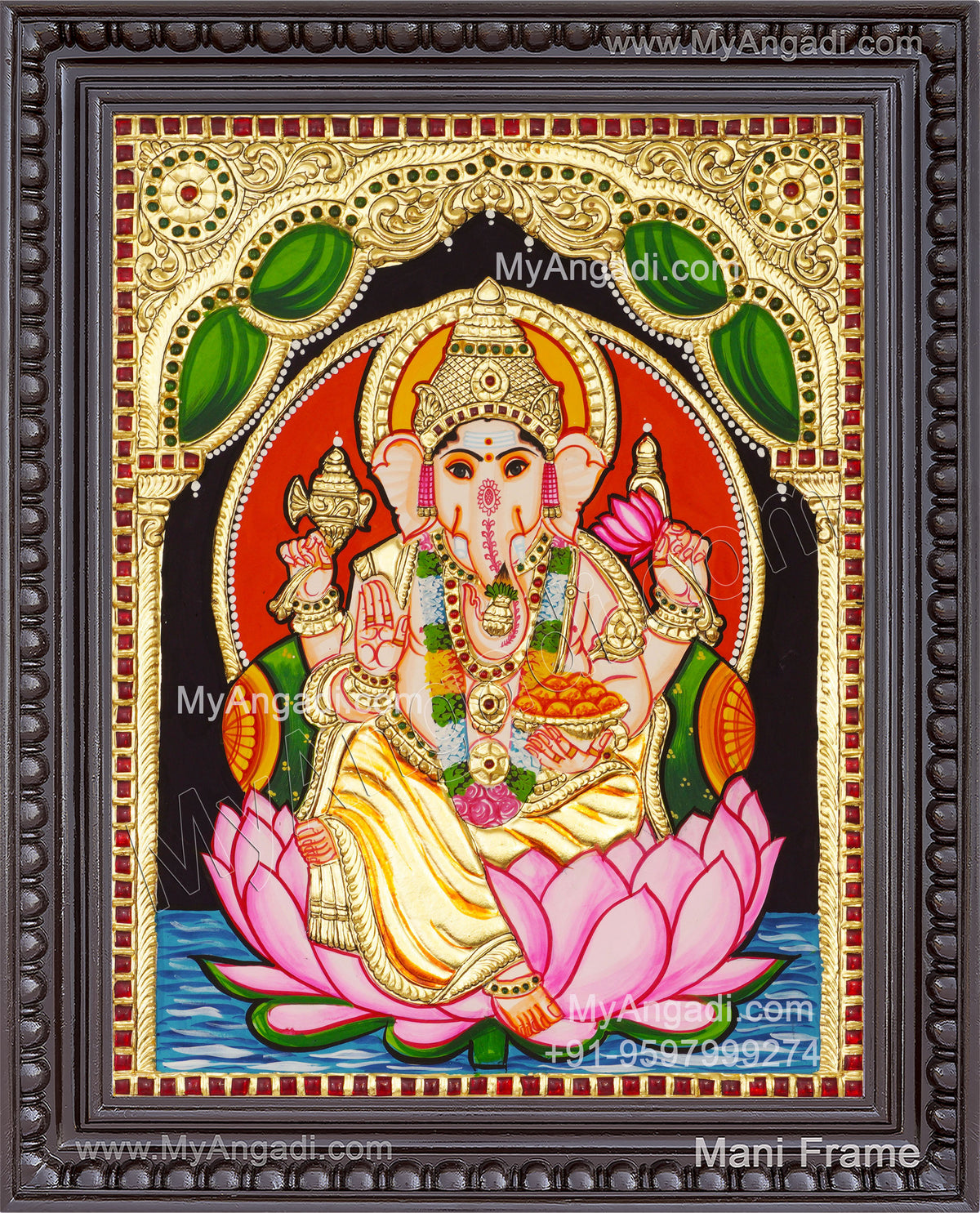 Ganesha On Lotus Tanjore Paintings