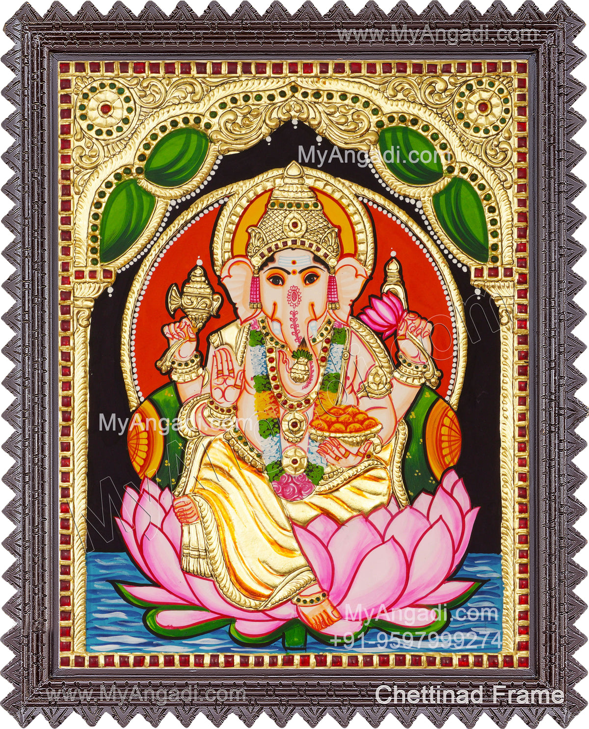 Ganesha On Lotus Tanjore Paintings