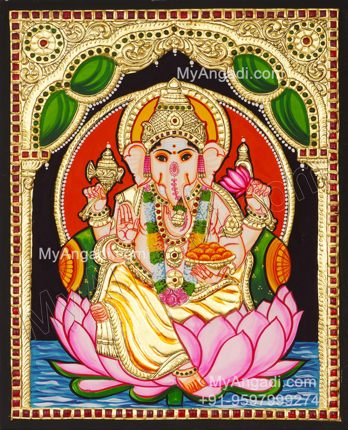 Ganesha On Lotus Tanjore Paintings