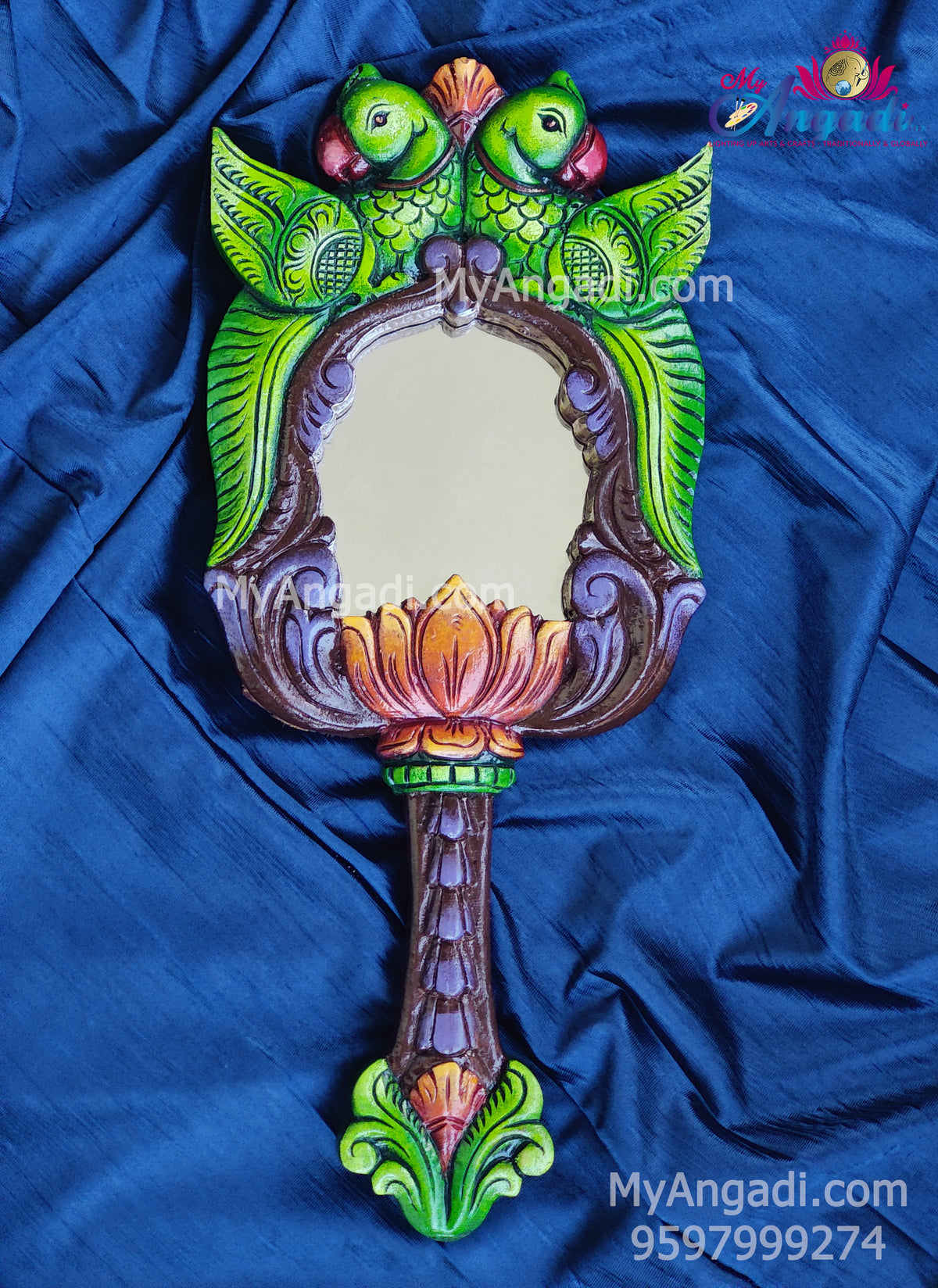 Vagai Wood Twin Parrot Decorative Hand Mirror