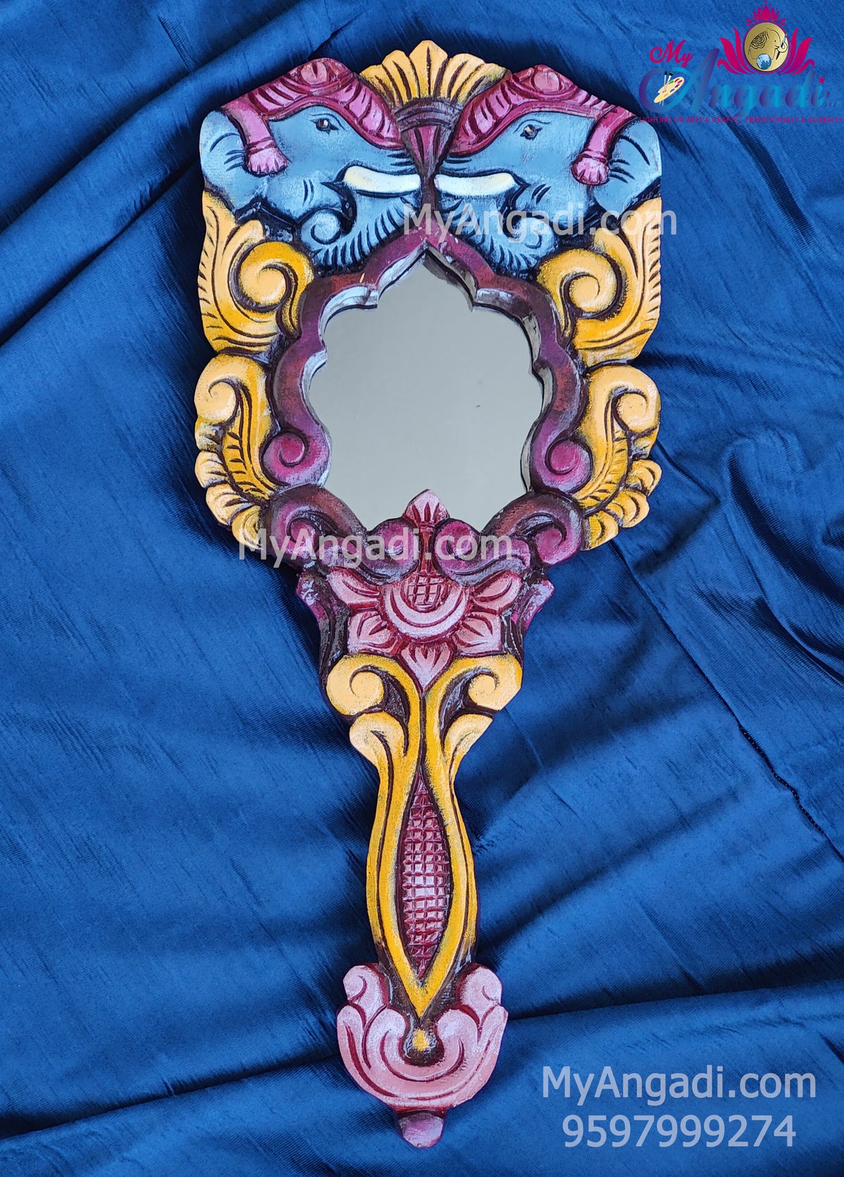 Vagai Wood Elephant Decorative Hand Mirror