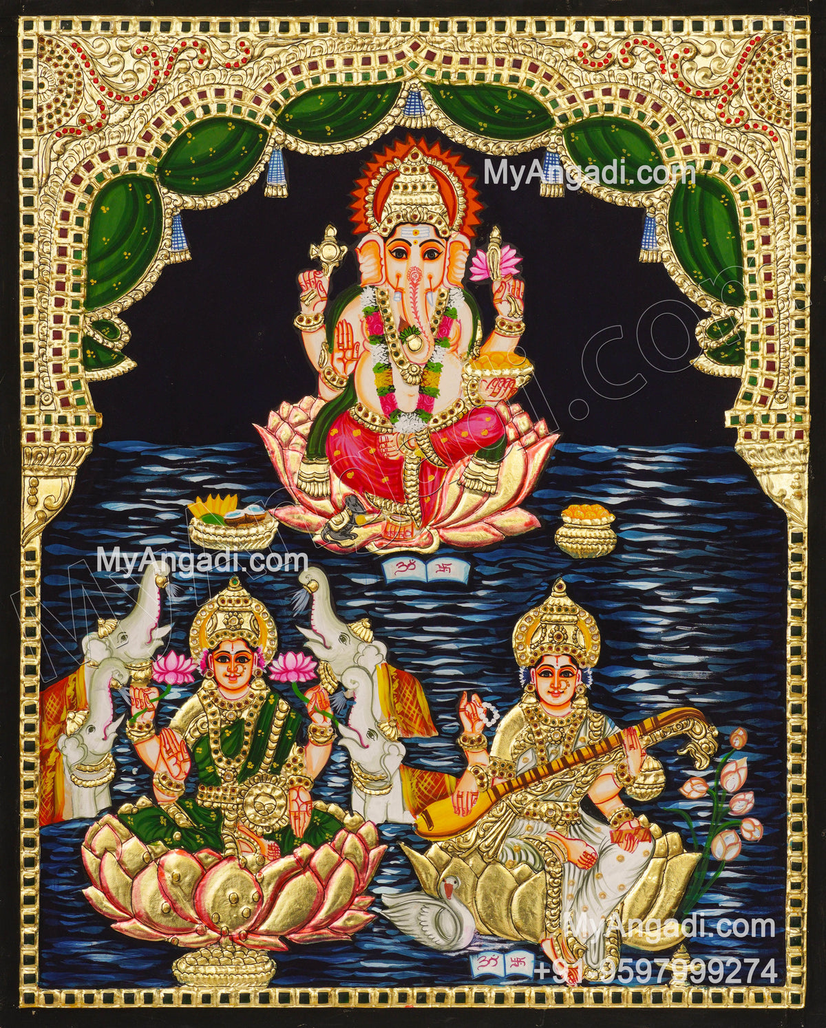 Ganesha Lakshmi Saraswathi Tanjore Painting