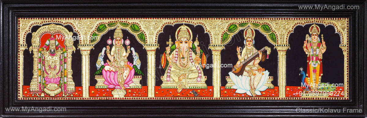 5 Panel Balaji Lakshmi Murugan Ganesha Saraswathi Tanjore Painting