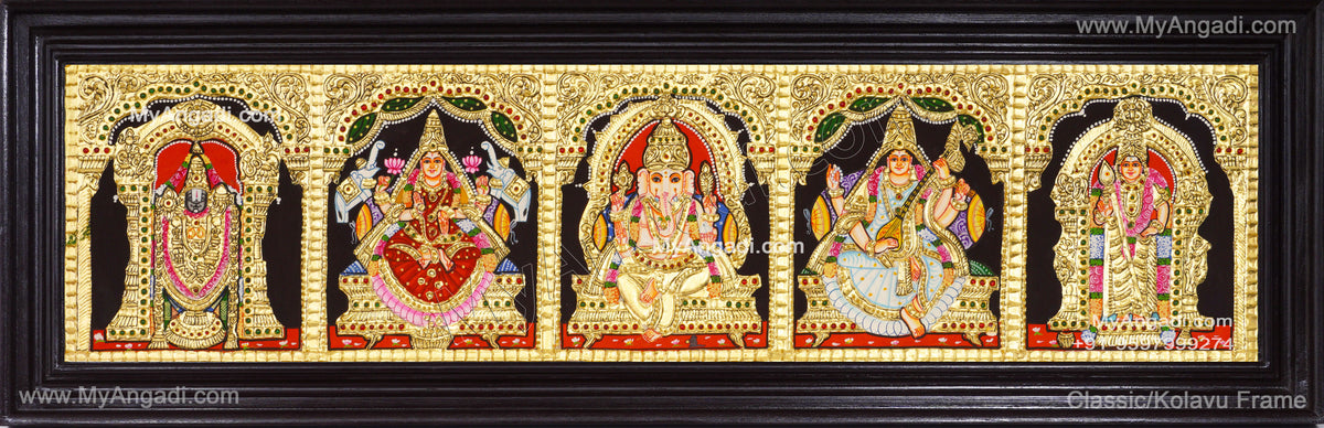 5 Panel Balaji Lakshmi Murugan Ganesha Saraswathi Tanjore Painting