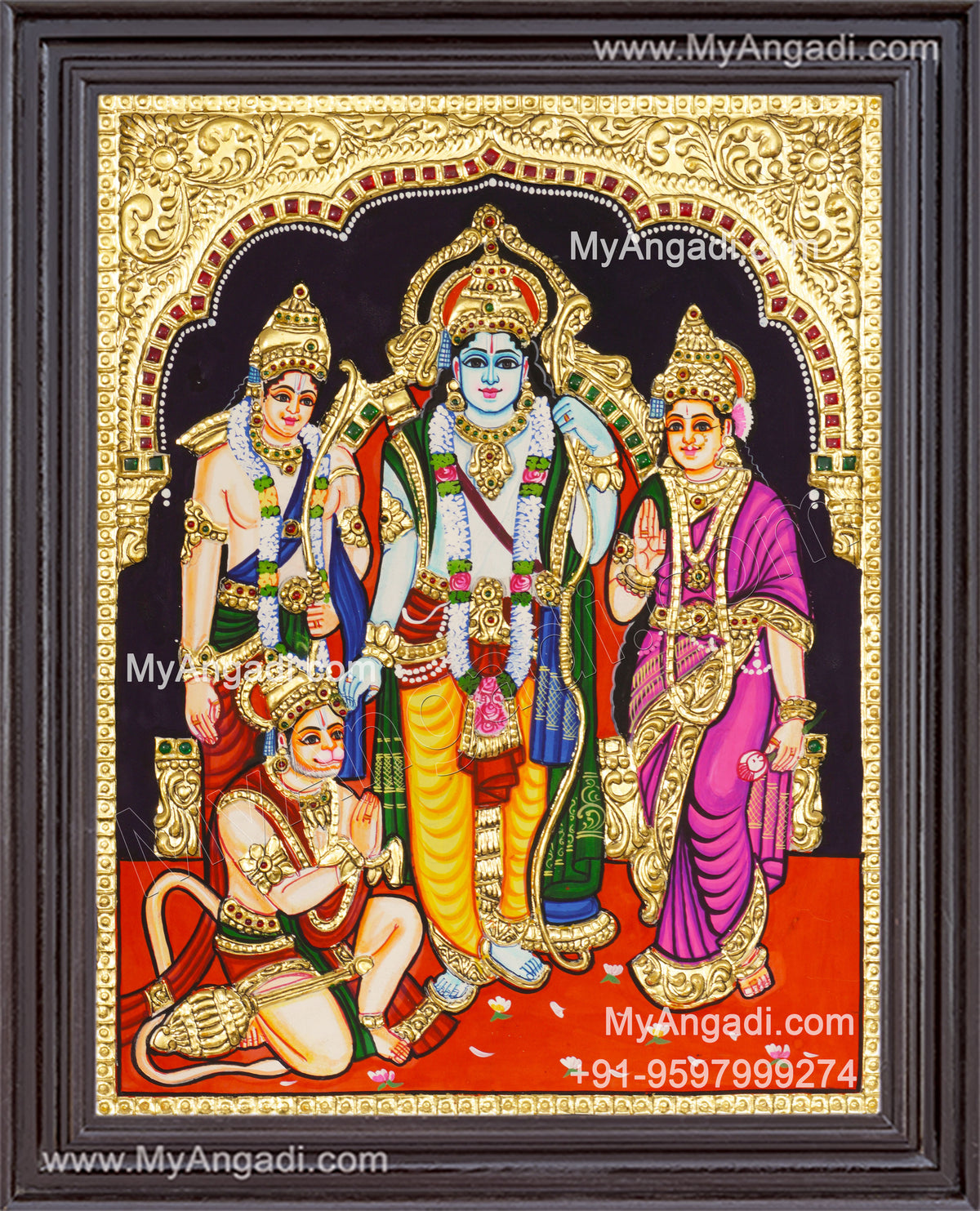 Ram Darbar - Ram with Sita, Hanuman, Lakshmanan Bharathan and Shatrughna Tanjore Painting