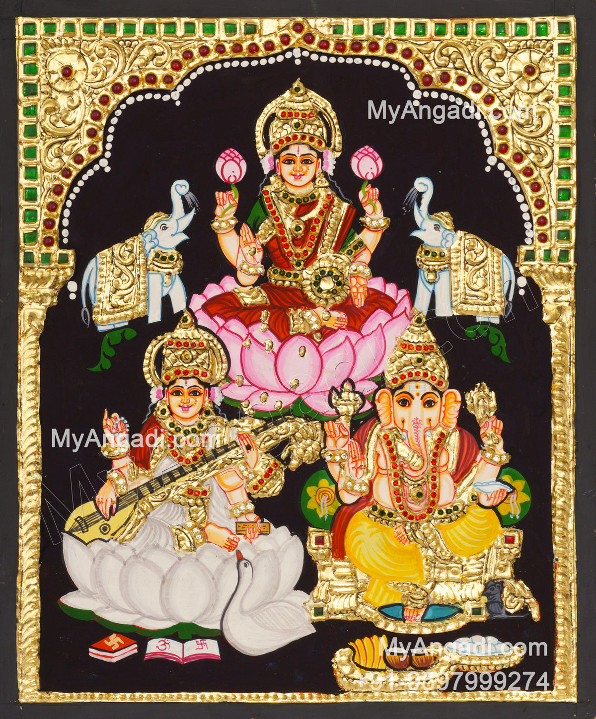 Lakshmi Saraswati Ganesha Tanjore Painting