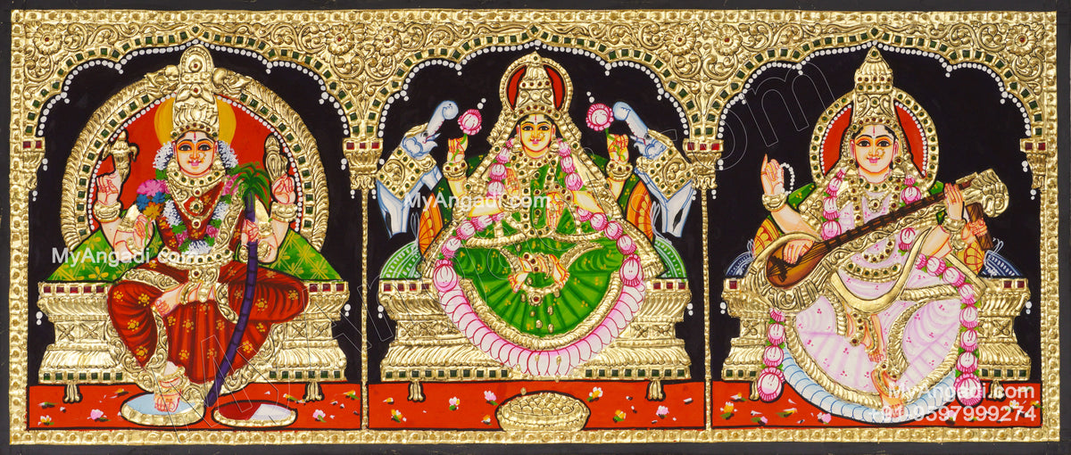 3 Panel Kamatchi Lakshmi Saraswathi Tanjore Painting