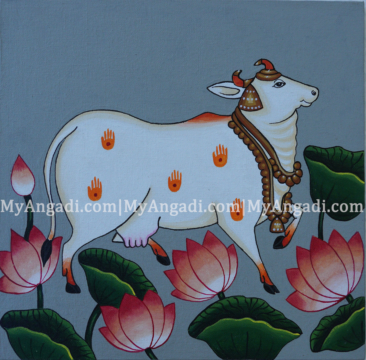 Pichwai Cow With Lotus Canvas Painting 