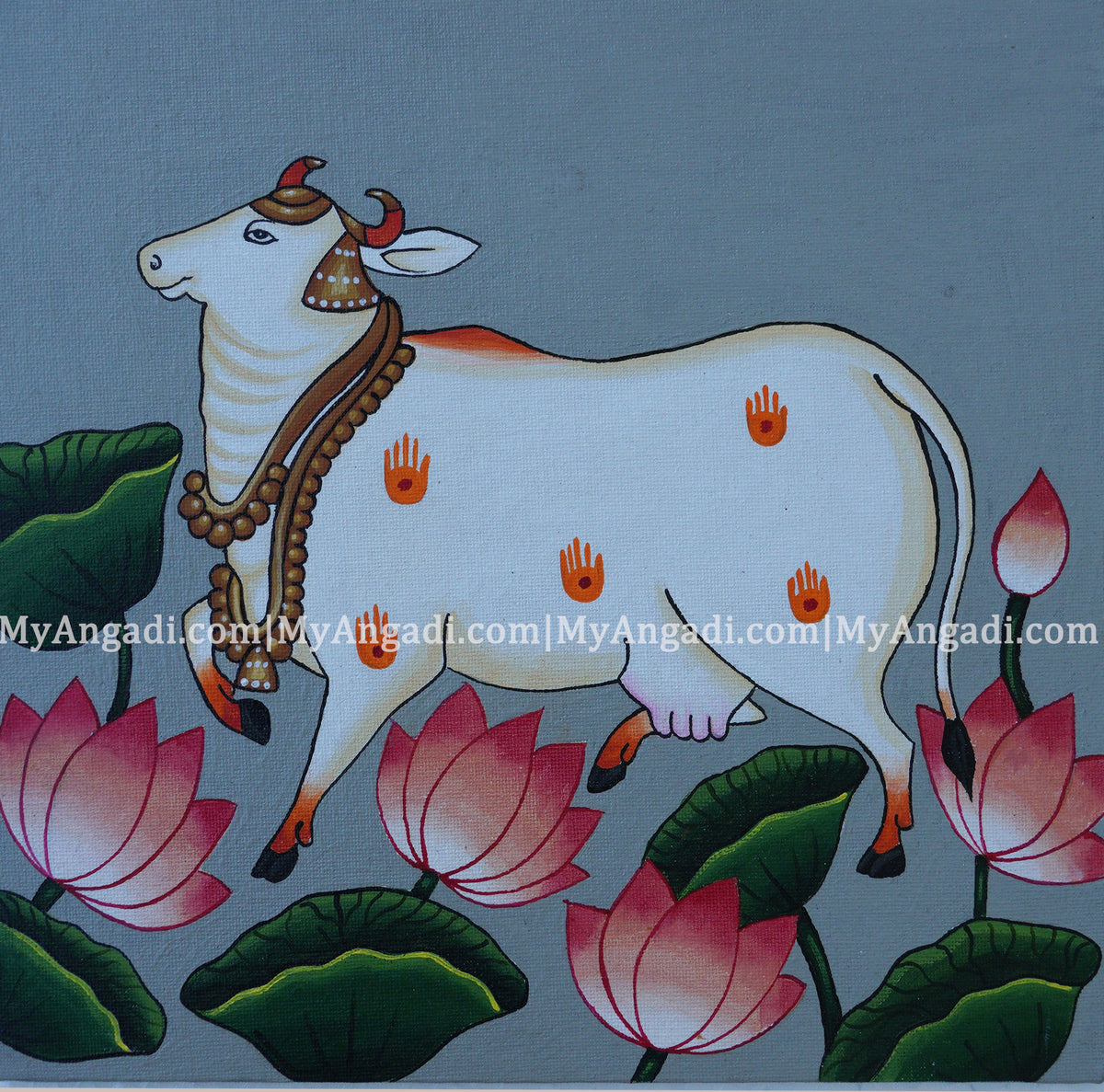 Pichwai Cow With Lotus Canvas Painting 