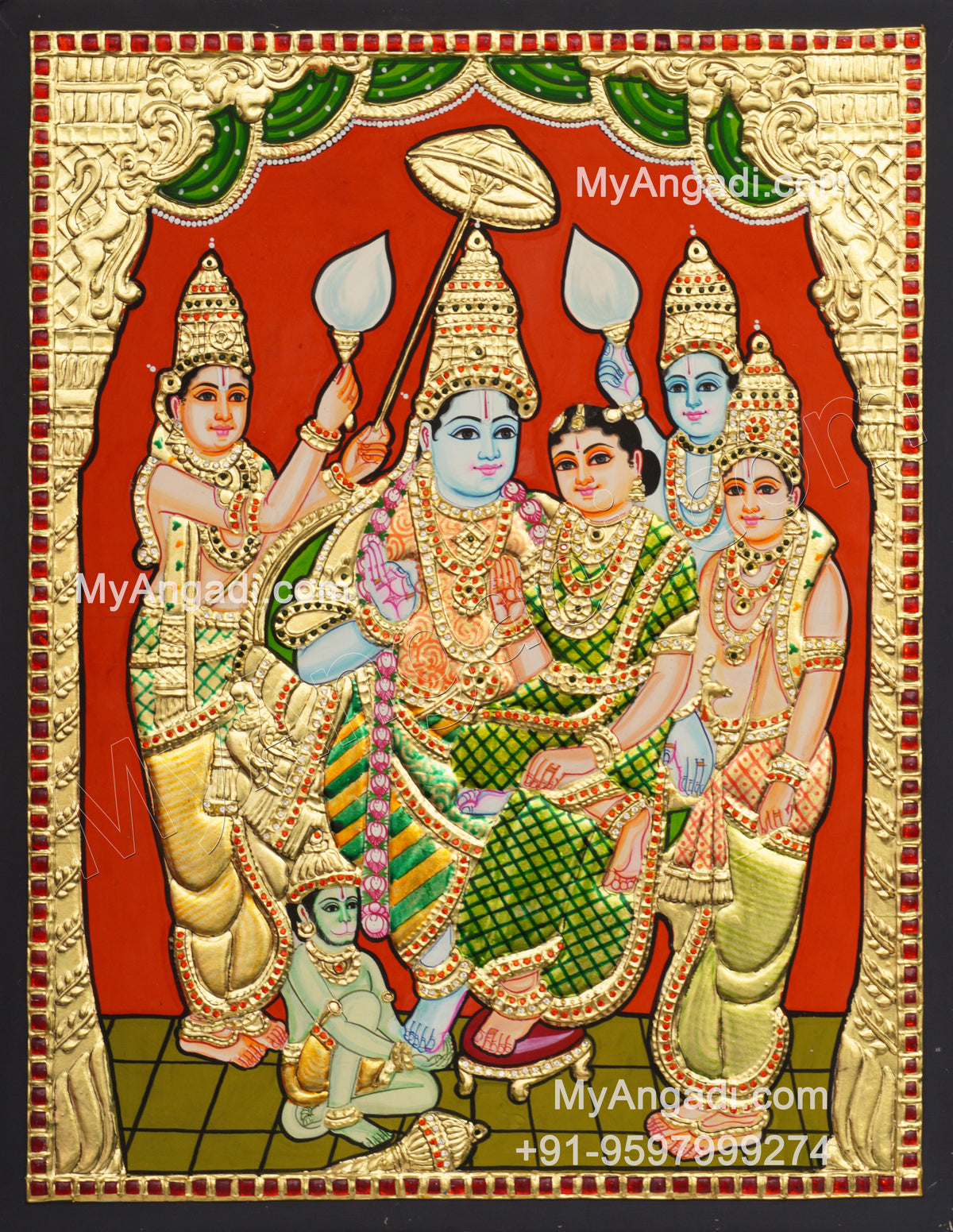 Ram Darbar - Ram with Sita, Hanuman, Lakshmanan Bharathan and Shatrughna Tanjore Painting