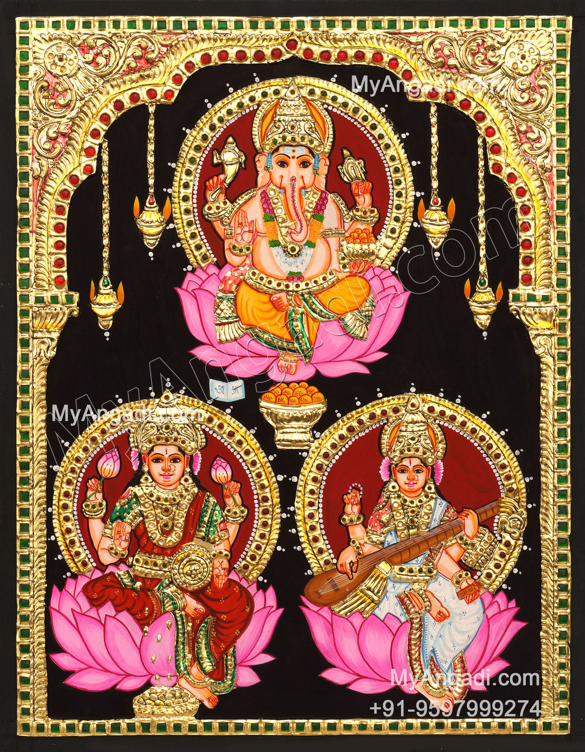  Ganesha Lakshmi Saraswathi Tanjore Painting